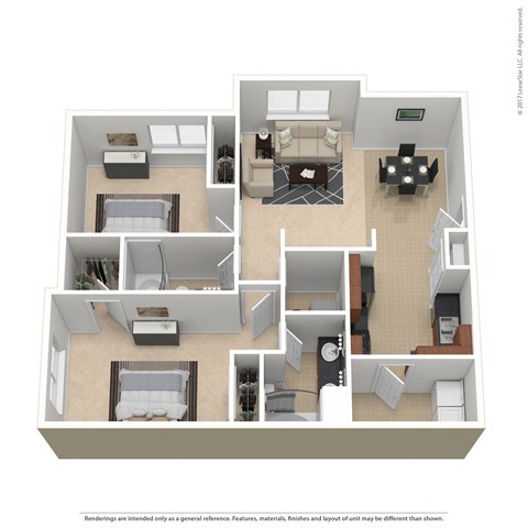 Floor plan for 2 beds, 2 baths, 1152 sqft